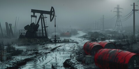 Canvas Print - An oil pump stands alone in a snow-covered field, providing a unique winter landscape