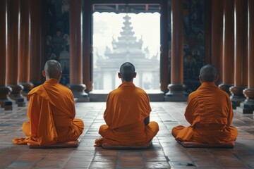 back view group of Buddhist monks in orange robes meditating in monastery