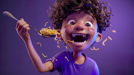 A delighted boy in a purple T-shirt is eating noodles with a spoon, with a playful smile and a messy face. The deep purple background adds a touch of fun and excitement to his mealtime