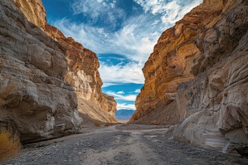 Wall Mural - A dirt road winds through a scenic canyon landscape with rocky cliffs and green vegetation