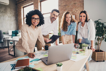 Wall Mural - Photo of discuss business idea teamwork young people working together employees modern industrial open space style interior workplace