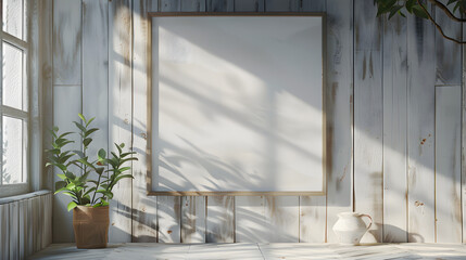 Wall Mural - mockup in sunny cabin, A wooden frame with a blank canvas of a landscape painting hanging on a white wooden panel wall in a cabin