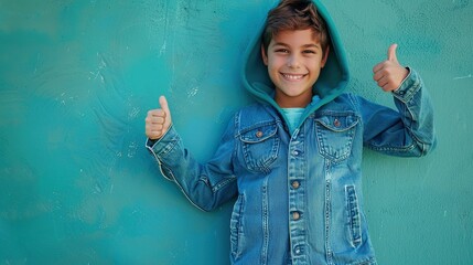 A happy boy in classic denim jeans and a cool hoodie is leaning against a wall, giving a thumbs-up.