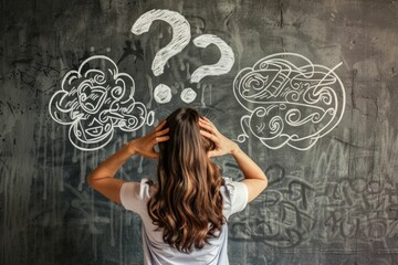 Poster - A person contemplating and seeking answers, with a chalkboard full of questions