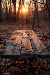 Poster - A wooden bench sits alone in the middle of a forest, surrounded by trees and foliage