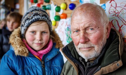 Canvas Print - A young girl and an older man stand side-by-side, looking at the camera. AI.