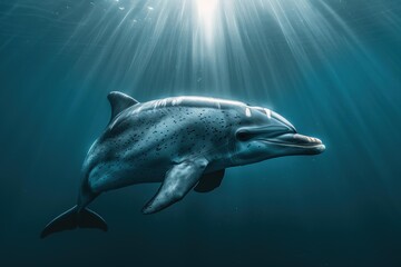 Wall Mural - A dolphin swims through the blue water with sunlight rays shining through. AI.