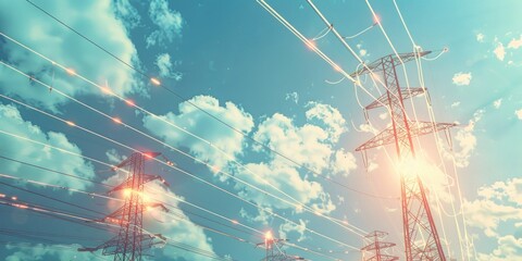 Poster - Power transmission lines under a clear blue sky