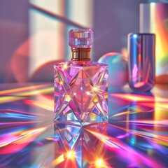 Poster - A  bottle of perfume sits on a iridescent surface. AI.