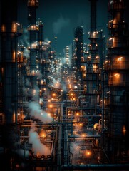 Canvas Print - An industrial complex lit up at night. AI.