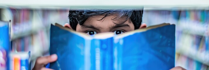 Canvas Print - A boy peeks over a book while reading in a library. AI.