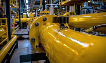 Canvas Print - A close-up of a yellow pipe in an industrial setting. AI.