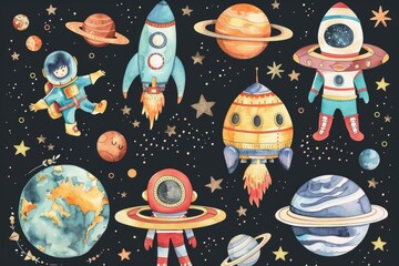 Poster - A collection of watercolor planets and rockets