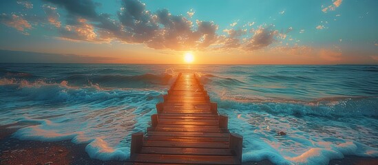 Wall Mural - Groynes Wooden bridge on the beach during summer sunny weather