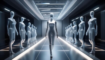 A futuristic fashion runway showcasing high-tech, sustainable clothing designs.