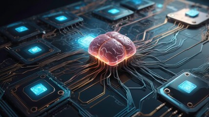 Wall Mural - neural circuit and electronic cyber brain in quantum computing, ai technology concept