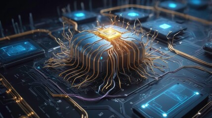 Sticker - neural circuit and electronic cyber brain in quantum computing, ai technology concept