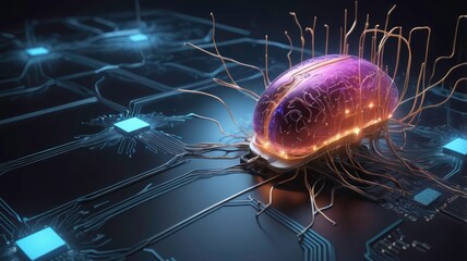 Wall Mural - neural circuit and electronic cyber brain in quantum computing, ai technology concept