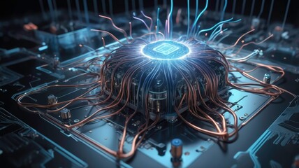 Sticker - neural circuit and electronic cyber brain in quantum computing, ai technology concept-