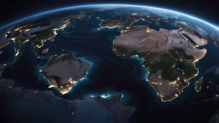 Wall Mural - Satellite view of Earth at night, showing lights in Africa, Middle East, and Asia