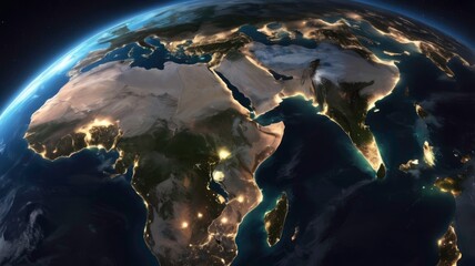 Wall Mural - Satellite view of Earth at night, showing lights in Africa, Middle East, and Asia