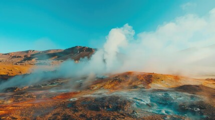 Steam rising from geothermal vent in a volcanic landscape.