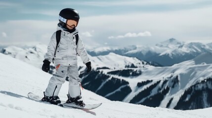 Sticker - Child wearing a helmet and ski goggles snowboarding on a snowy mountain slope with scenic mountain range in the background.