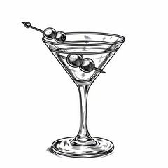 A martini with olive alcoholic cocktail in a glass isolated on a white background with vintage style line art.