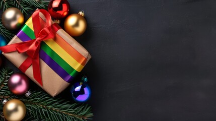 Wall Mural - A box with a rainbow ribbon on it sits on top of a black background