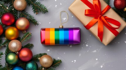 Wall Mural - A Christmas tree with a rainbow ornament and a red box