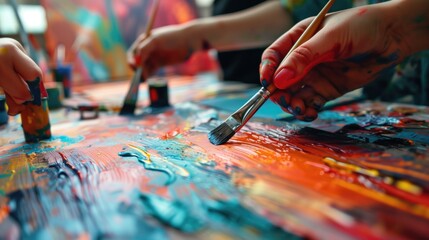 Close-up of hands with paintbrushes blending vibrant paints on a canvas in an artist studio. Art workshops, creative expression, personal development, abstract painting, art therapy, teamwork concept.