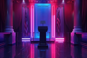 Poster - A modern room with a lit podium against a dark background, highlighted by red and blue lights