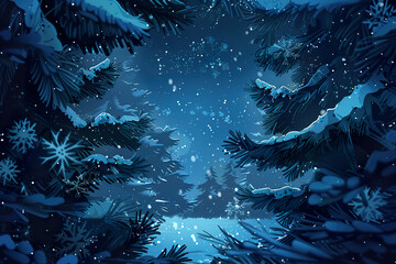 Poster - A snowy forest with trees and snowflakes.