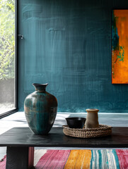 Wall Mural - Modern interior with ceramic vase and art painting