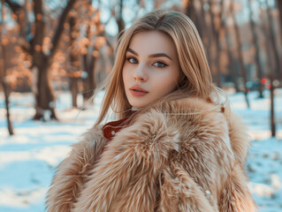 model in a luxurious fur coat in an elegant city park