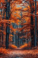 Poster - A winding path through a forest with vibrant orange leaves scattered on the ground, perfect for nature and outdoor themed projects