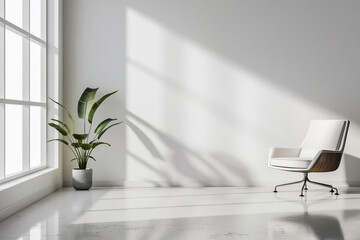 Poster - Sunlight casting shadows in a minimalist white room with chair