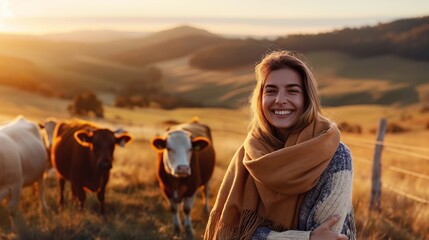 Poster - Smiling woman in warm clothes standing in a picturesque rural landscape with cows grazing in the background at sunset.