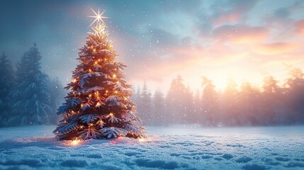 Wall Mural - Christmas Tree in the Snowy Forest