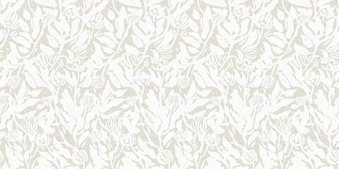 Wall Mural - Seamless french gender neutral floral linen printed fabric border background. Light mottled white on grey cottage core block print pattern. Shabby chic woven duotone cloth effect. 