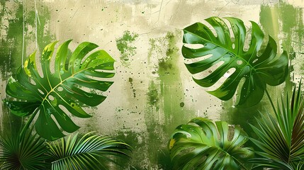 Poster - Tropical Leaves on a Green and Beige Wall