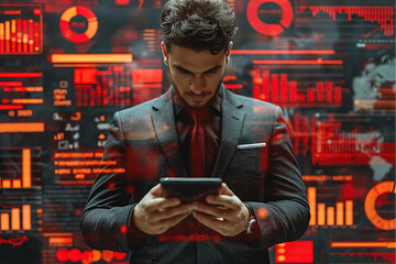 Poster - Businessman analyzing data on a smartphone with red charts and graphs background