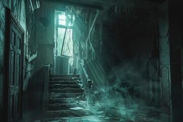 Aufkleber - A dark room with a staircase and a window, perfect for interior or architecture photography