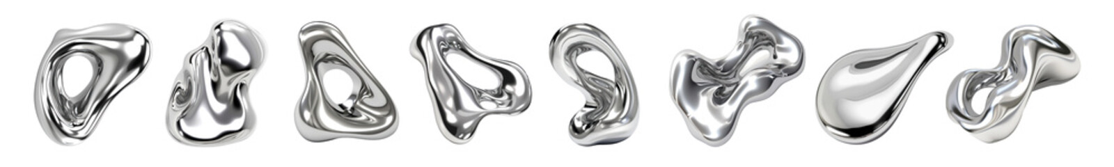 3d liquid chrome abstract shape png cut out element set
