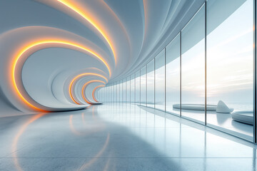 Poster - Futuristic empty office interior with sea view at sunset