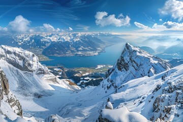 Poster - A serene landscape featuring a snow-capped mountain range and a calm lake in the distance, perfect for use in winter or nature-themed designs
