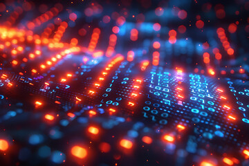 A binary background with dark blue and touches of neon highlights creating a technological and futuristic aesthetic