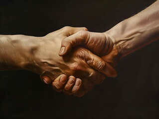 Friendly handshake, isolated hands on black background, friends day, friendship