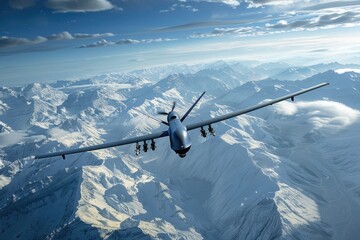 Poster - A large airplane soaring above a mountain range with snow-capped peaks and valleys