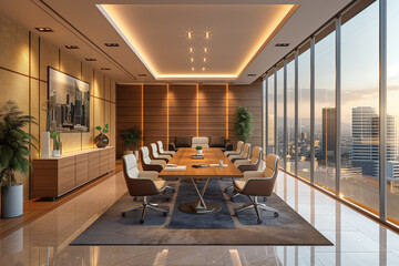 Poster - Modern boardroom overlooking city at sunset featuring long conference table and comfortable chairs